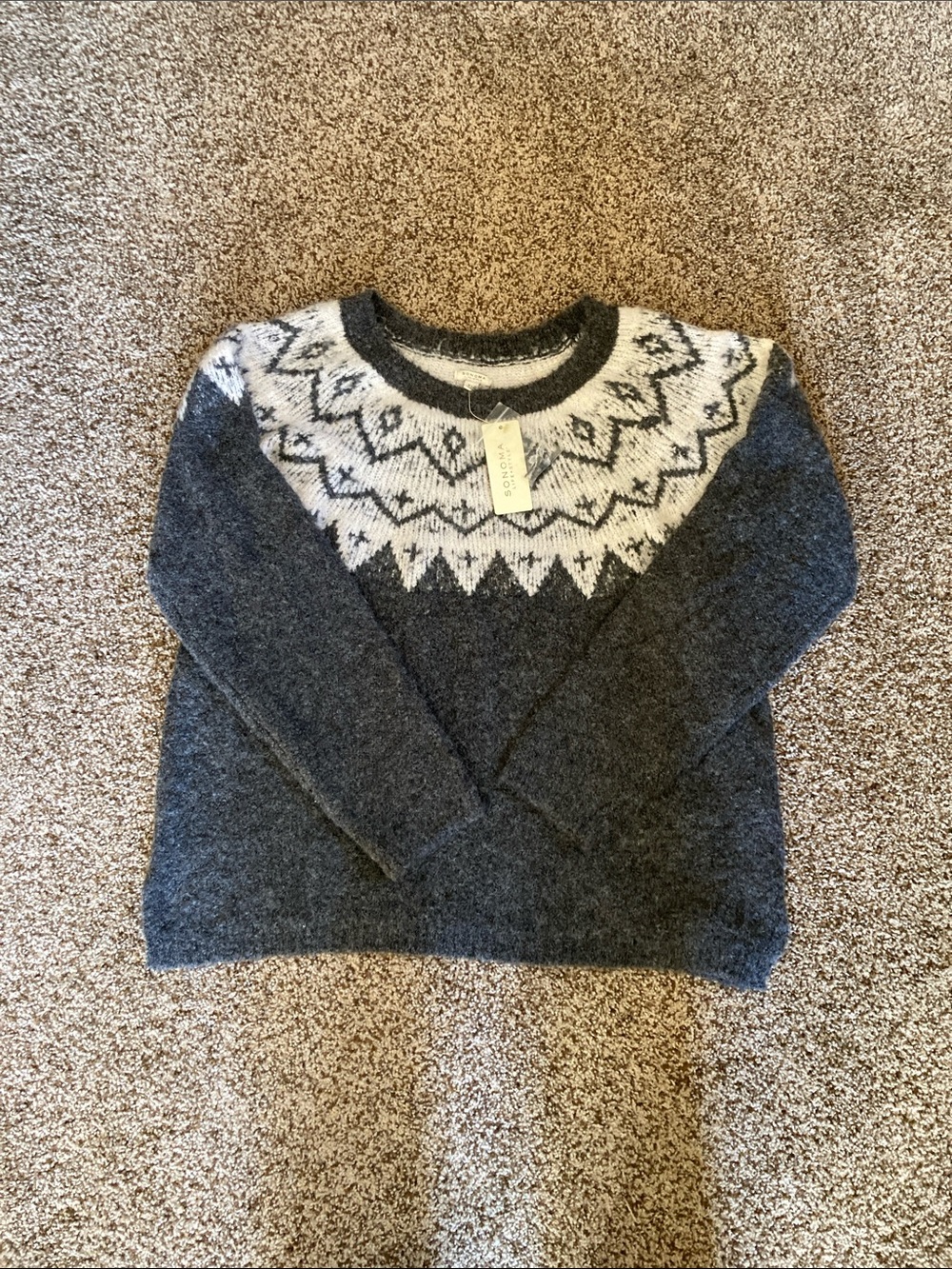 Sonoma Dark Gray Crewneck Fair Isle Sweater with White Yoke Size XL